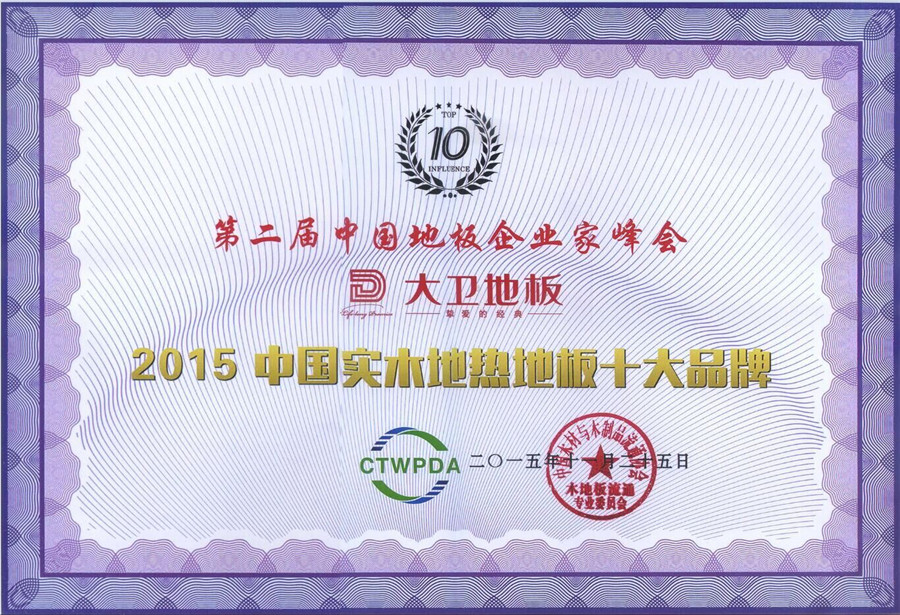 大衛(wèi)地板榮獲“2015中國純實木地?zé)崾笃放啤?jpg